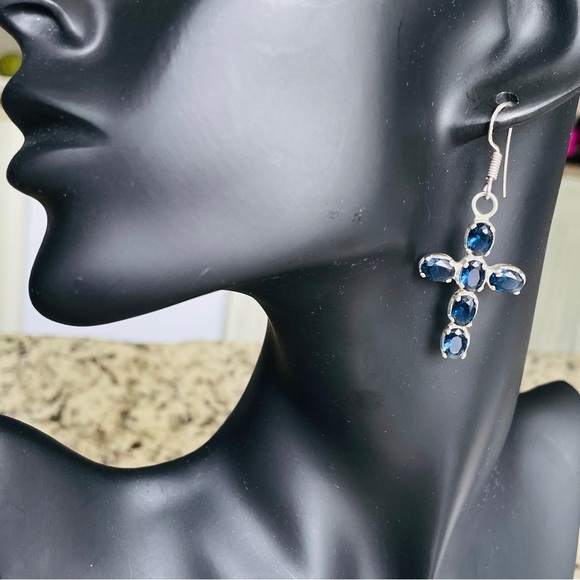Blue Faux Sapphire (CZ) Dangle Cross Hook Earrings in Sterling Silver Vi… - Picture 2 of 7